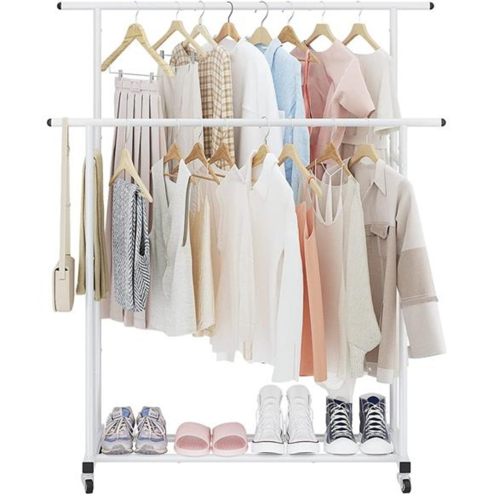 Double Rod Clothing Garment Rack, Rolling Hanging Clothes Rack, Portable White